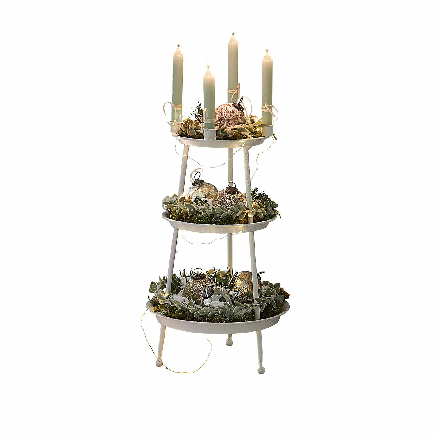 Présentoir à étages Mont Argenté Décoration de Noël blanche à trois niveaux en métal avec branches vertes et bougies