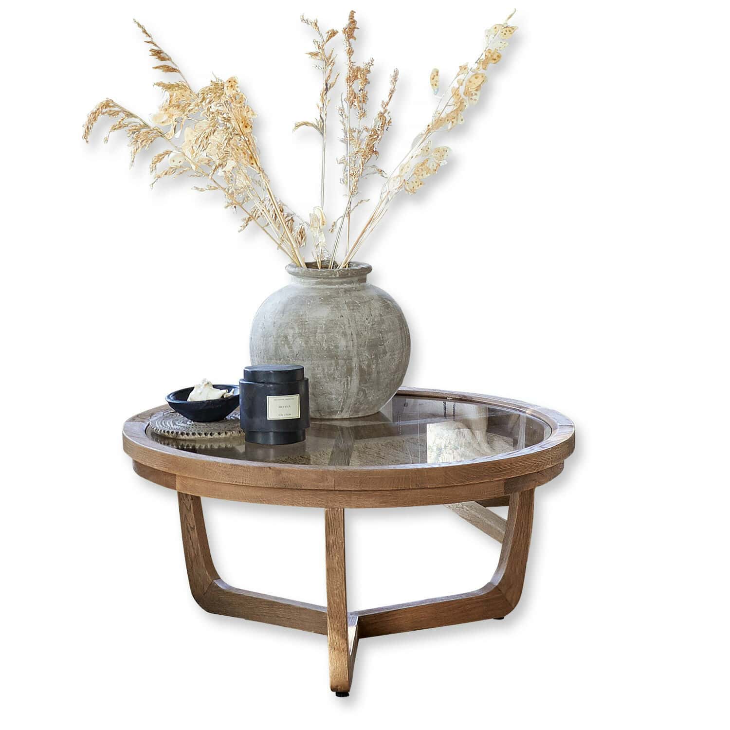 Table basse Gradn Enclos Table basse ronde en bois et verre avec vase décoratif et fleurs séchées aux tons naturels