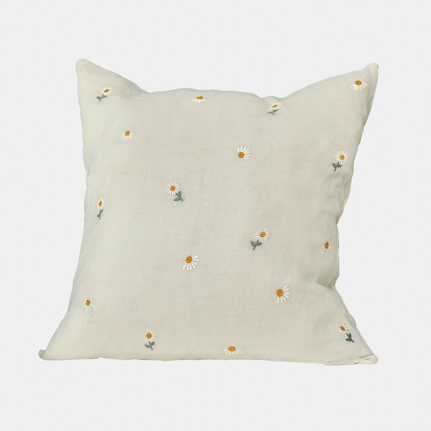 Housse de coussin Poppeline Coussin beige en lin avec broderies de marguerites blanches et jaunes, décoration d'intérieur élégante