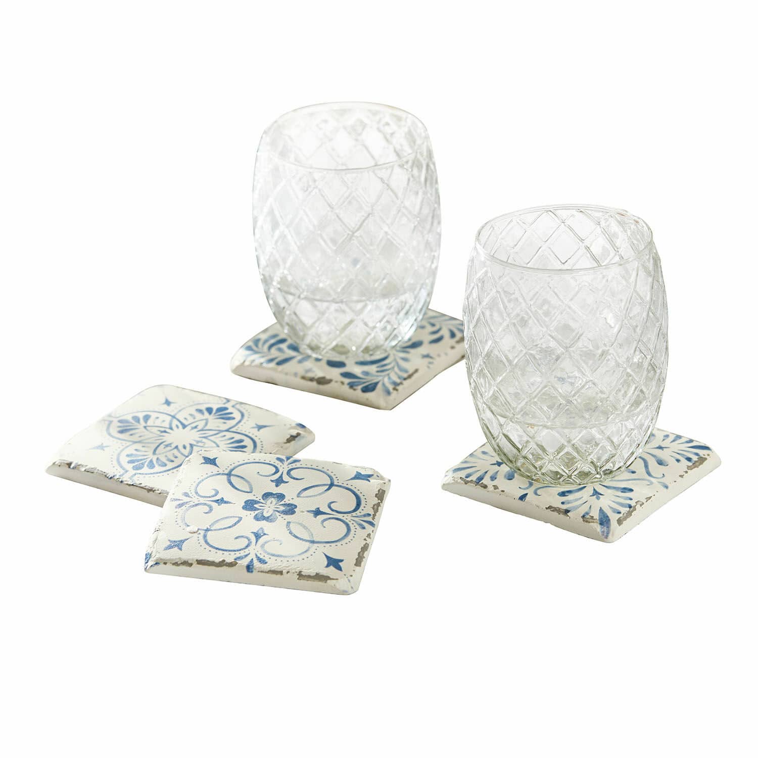 Lot de 4 dessous de verres Évry Ensemble de sous-verres en céramique blanche et bleue avec motif décoratif, parfait pour la maison