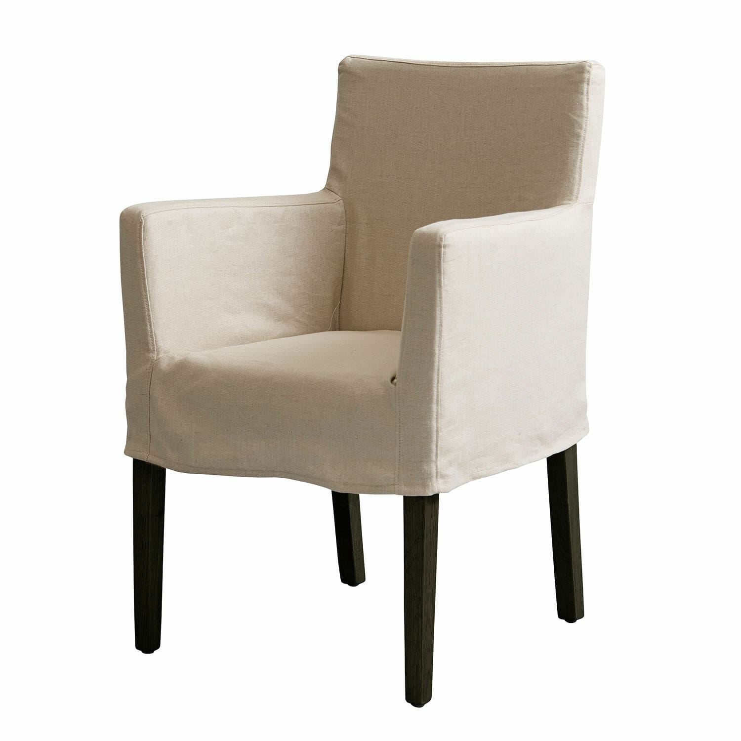Fauteuil beige en tissu avec pieds en bois foncé, siège confortable pour salon moderne