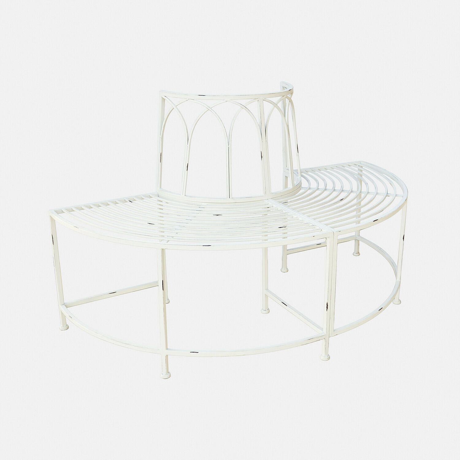 Banc Sherburne Banc de jardin en métal blanc avec dossier semi-circulaire et arcs décoratifs, mobilier extérieur
