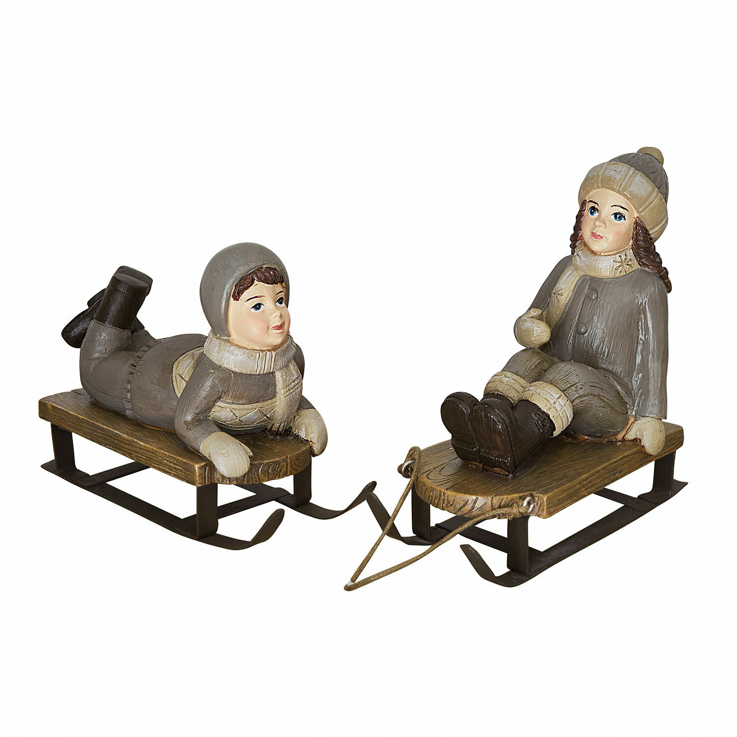 Lot de 2 figurines décoratives Xavienne Figurines d'enfants sur des luges en bois, vêtus de gris, décoration hivernale intérieure