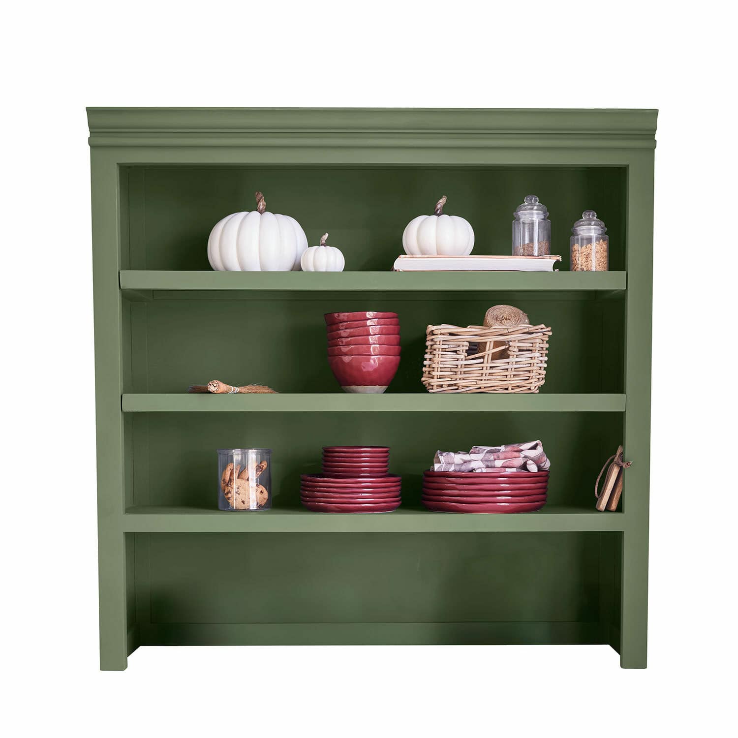 Étagère de cuisine haute Lansbury Étagère en bois verte avec citrouilles blanches décoratives et vaisselle en céramique rouge