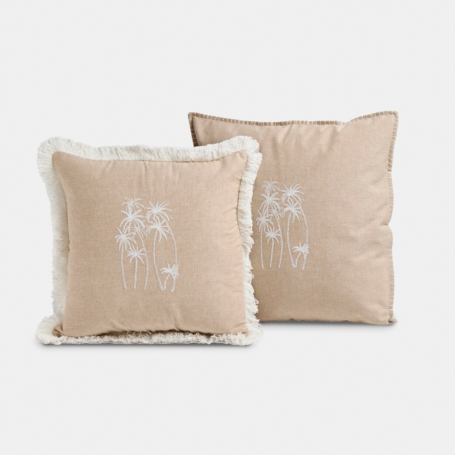 Lot de 2 housses de coussins Windlake Coussins beiges décoratifs en tissu doux avec broderie de palmiers blancs et franges