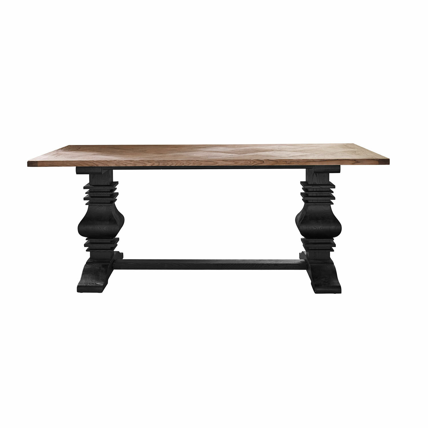Table Quillancourt Table en bois massif avec plateau clair et pieds sculptés noirs, meuble de salle à manger