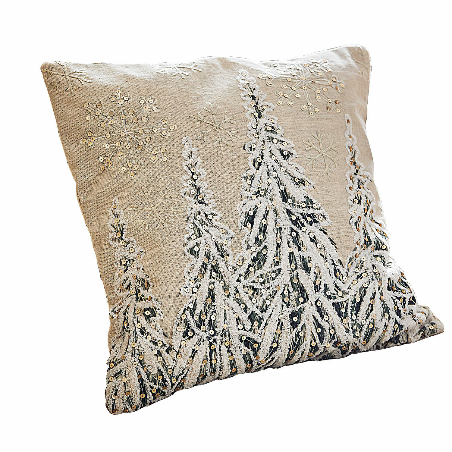Housse de coussin Cartagne Coussin beige en lin avec broderies de flocons et sapins pailletés, décoration hivernale