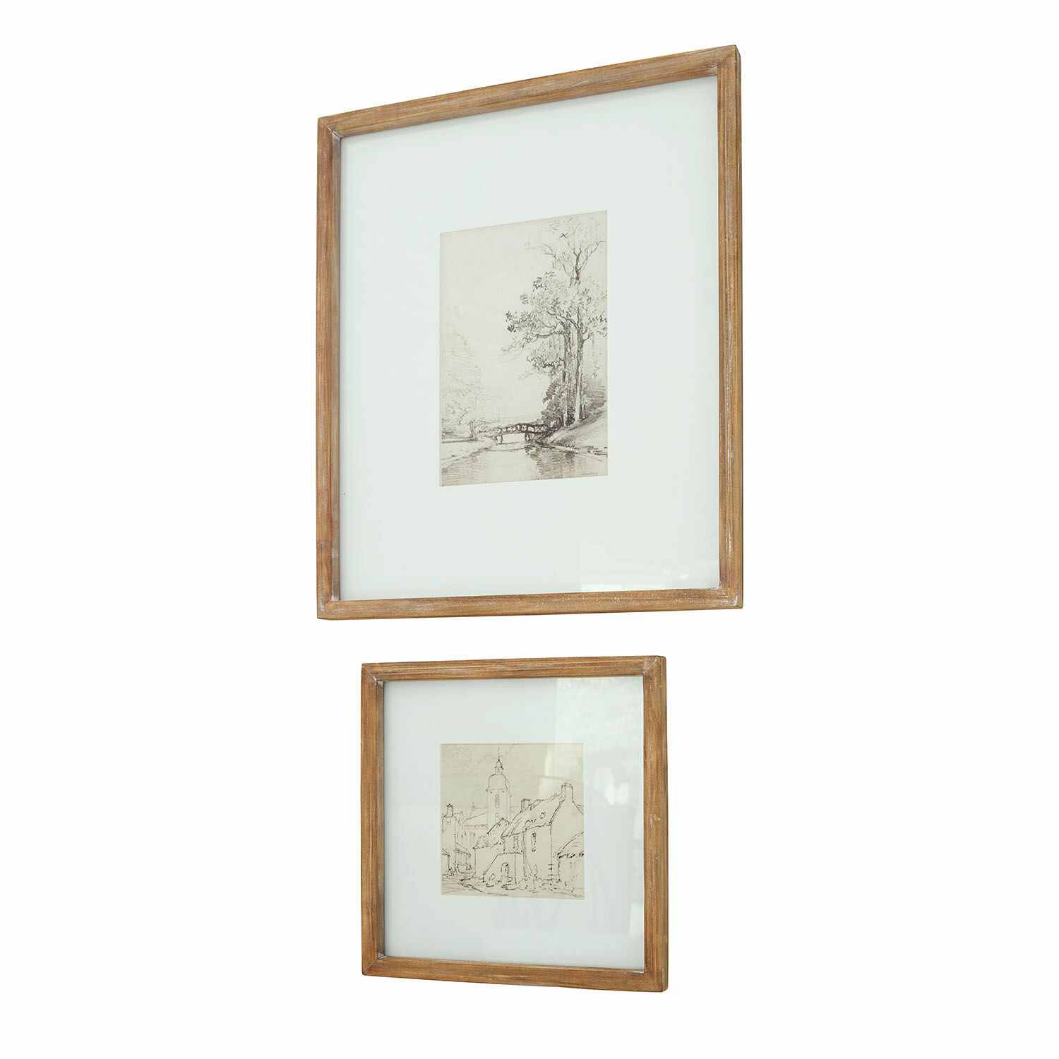 Lot de 2 tableaux Juvarel Deux cadres en bois avec passe-partout blanc et croquis de paysages vintage pour décoration murale