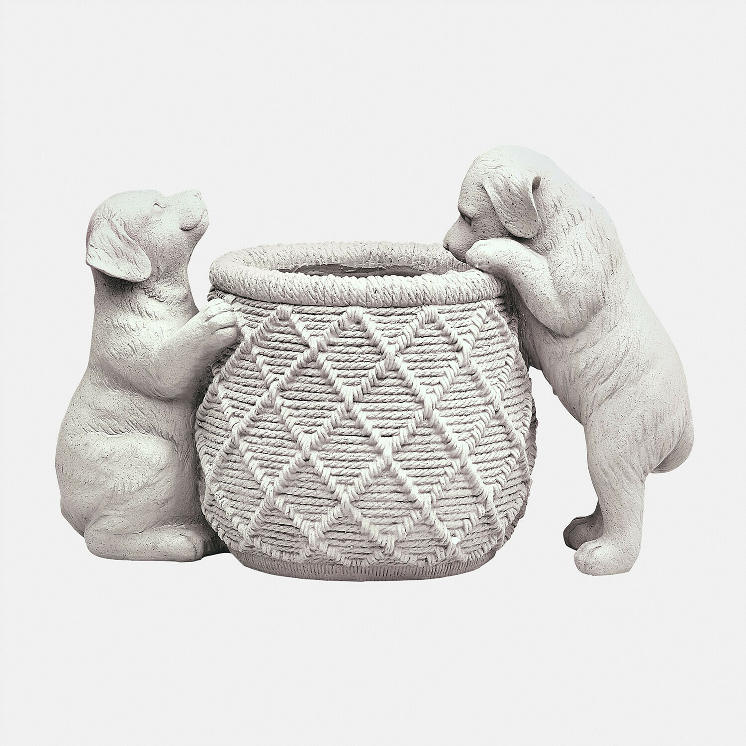 Cache-pot Marnja Cache-pot décoratif en résine blanche avec deux chiots sculptés tenant un panier à motif tressé