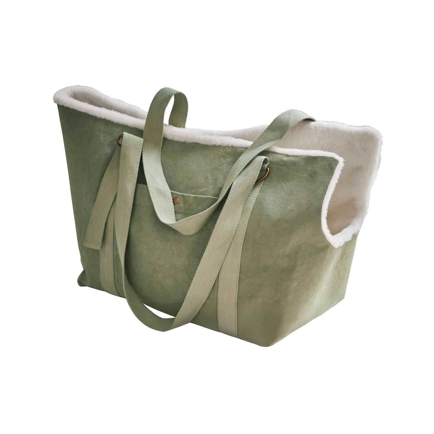 Sac de transport pour animaux Lunapet Sac vert en tissu doux avec doublure en fausse fourrure blanche et longues anses pour l'épaule