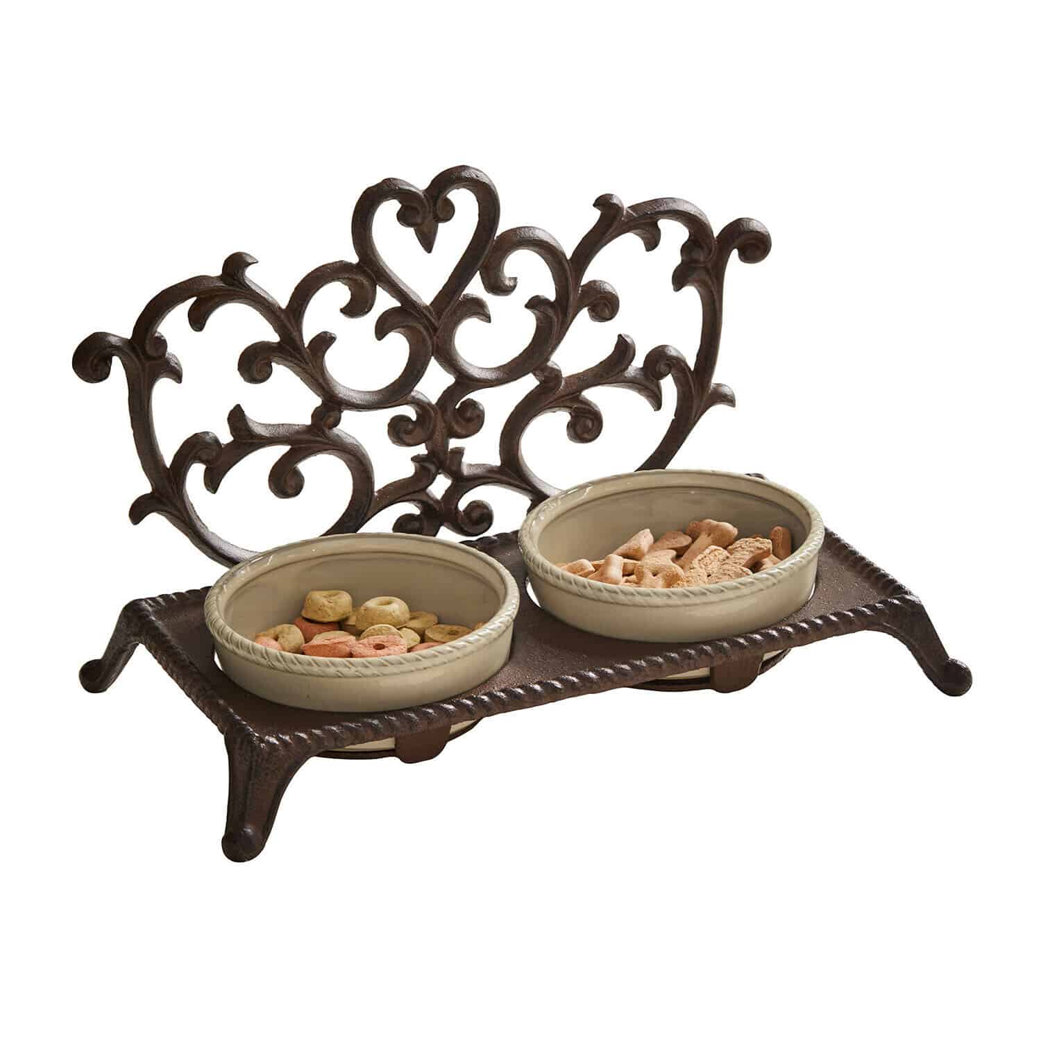 Support pour gamelles Pawilo Double gamelle en céramique sur support en métal brun orné pour nourrir les animaux domestiques