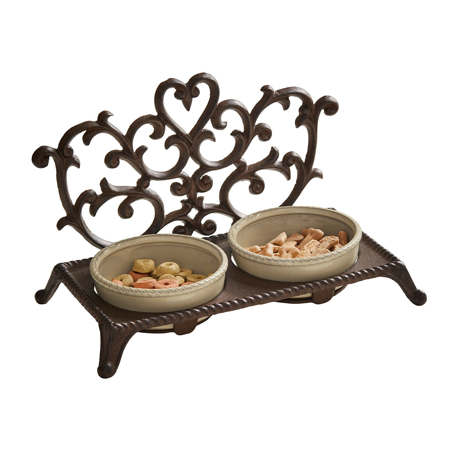 Support pour gamelles Pawilo Double gamelle en céramique sur support en métal brun orné pour nourrir les animaux domestiques