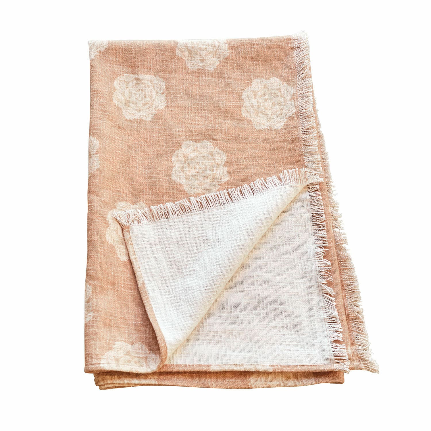 Plaid Belvienne Nappe en lin beige avec motif floral blanc et franges, décoration de table élégante