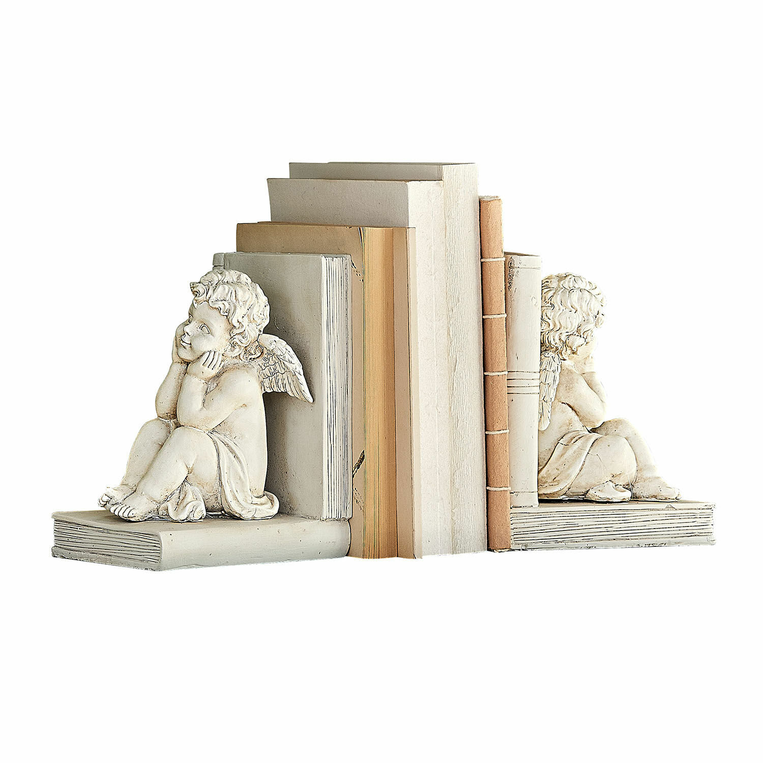 Lot de 2 serre-livres Yrene Serre-livres blancs en pierre avec anges décoratifs, pratique pour organiser les livres