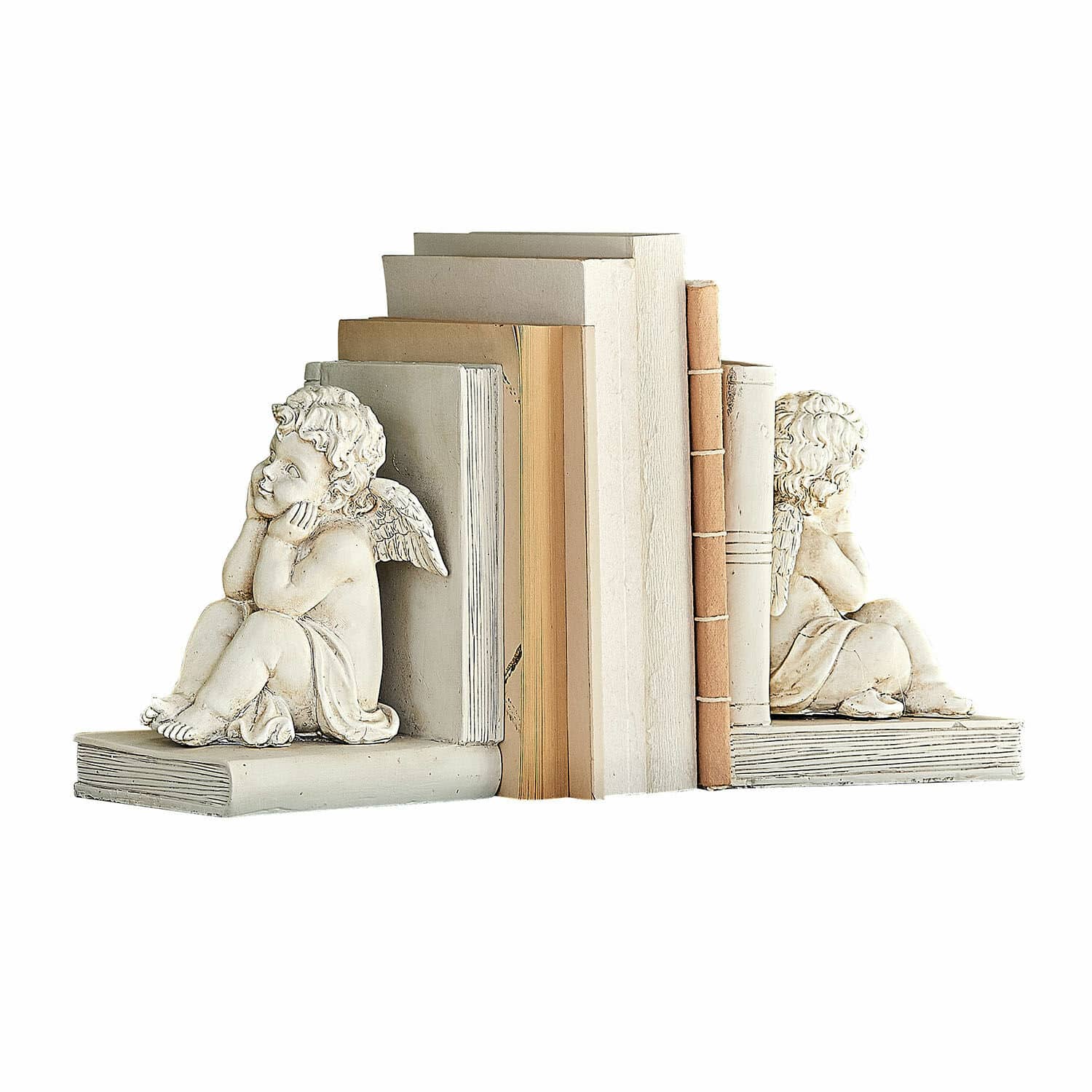 Lot de 2 serre-livres Yrene Serre-livres blancs en pierre avec anges décoratifs, pratique pour organiser les livres