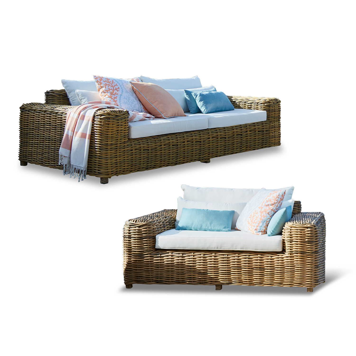Ensemble canapé et fauteuil Camas Ensemble de meubles d'extérieur en rotin naturel avec coussins blancs et housses colorées