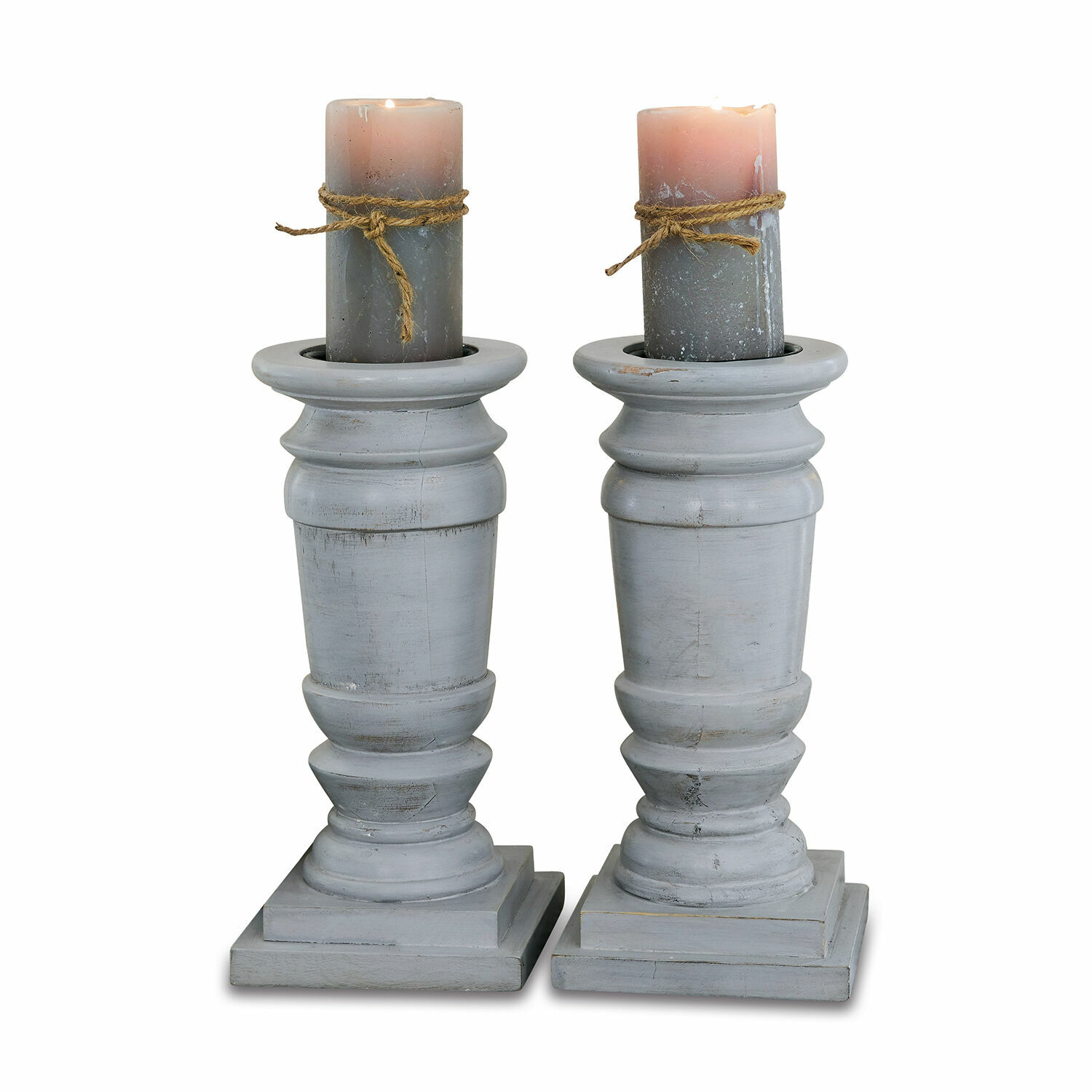Lot de 2 bougeoirs Lobata Paire de bougeoirs en bois gris avec bougies rose-gris et corde décorative