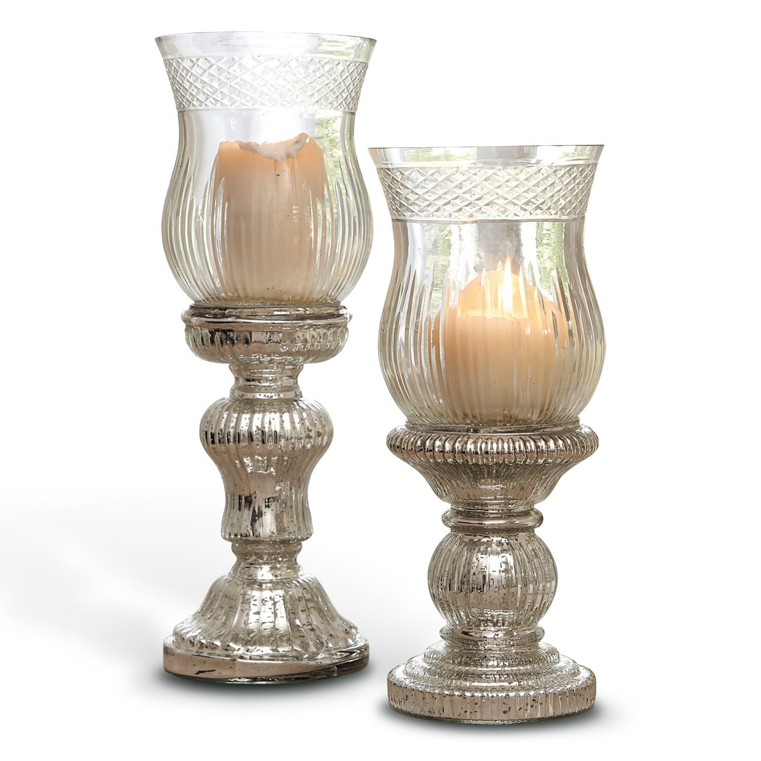 Lot de 2 bougeoirs Luisant Ensemble de deux photophores en verre avec bougies beige, décoration lumineuse intérieure