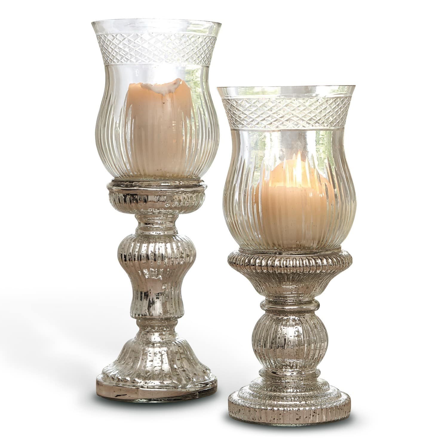 Lot de 2 bougeoirs Luisant Ensemble de deux photophores en verre avec bougies beige, décoration lumineuse intérieure