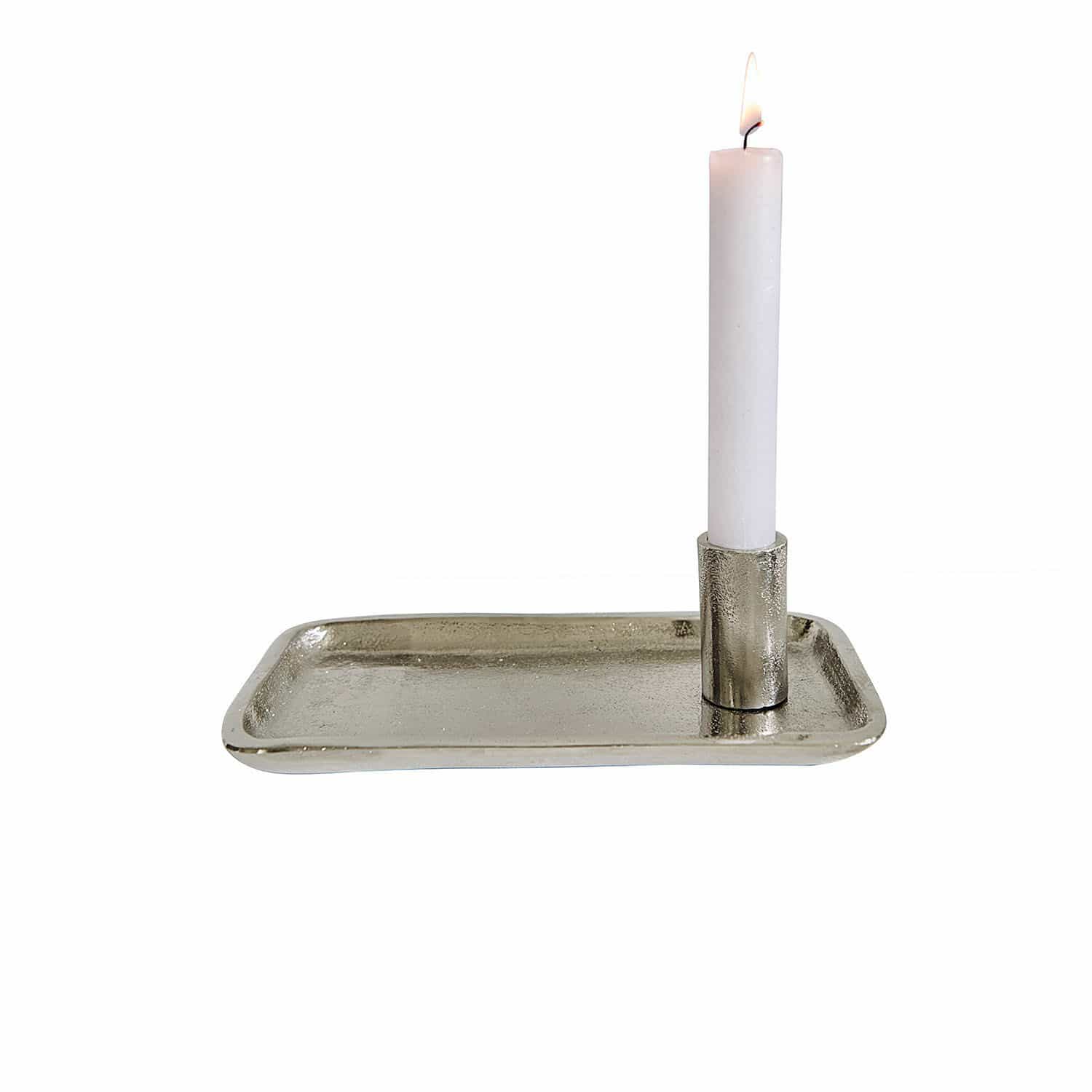 Plateau à bougie Estanora Bougeoir en métal argenté avec plateau rectangulaire et bougie blanche, décoration intérieure