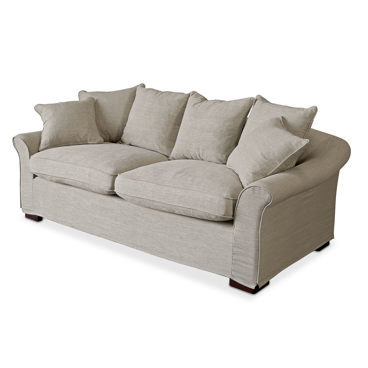 Canapé Long Beach Canapé beige en tissu avec coussins moelleux et pieds en bois, meuble confortable pour salon