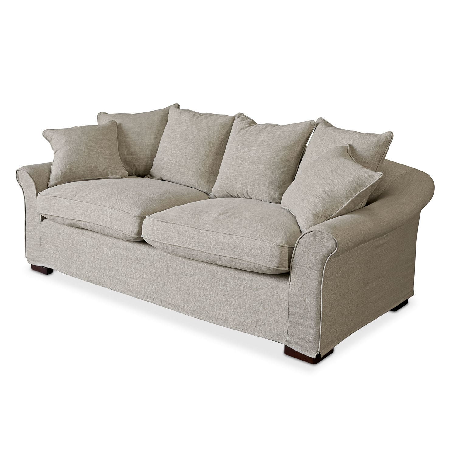 Canapé Long Beach Canapé beige en tissu avec coussins moelleux et pieds en bois, meuble confortable pour salon