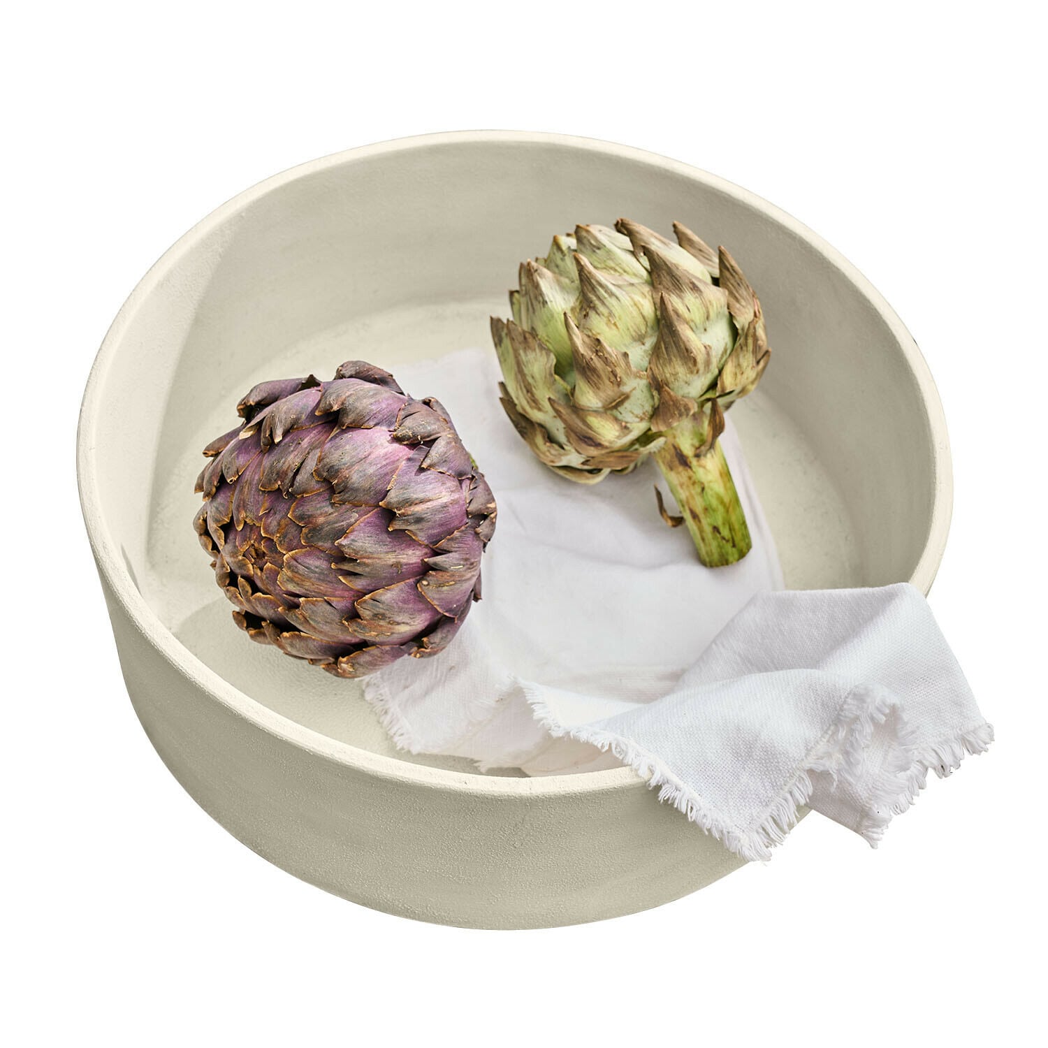Coupe Islene Bol en céramique crème rond avec deux artichauts et un tissu blanc à l'intérieur