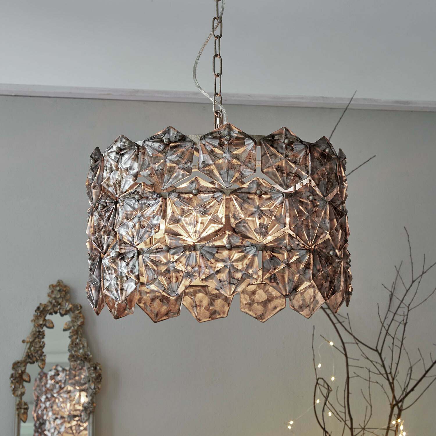 Lampe à suspendre Émirelle Suspension en verre transparent avec motif géométrique, luminaire décoratif pour salon moderne