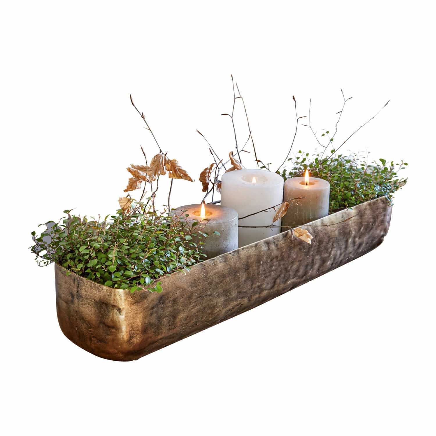 Coupe Skye Plateau décoratif en métal couleur laiton avec trois bougies et plantes vertes pour intérieur