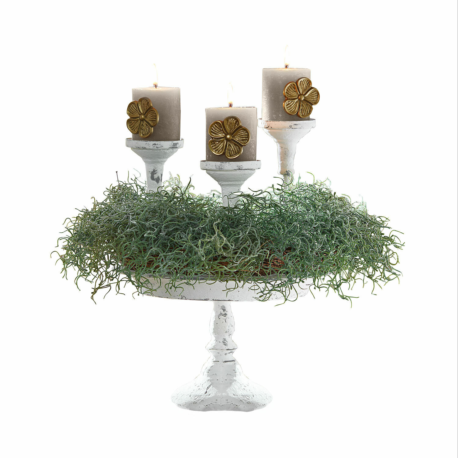 Présentoir à étage Kivorel Bougeoir en métal blanc avec trois bougies grises et décorations vertes en mousse