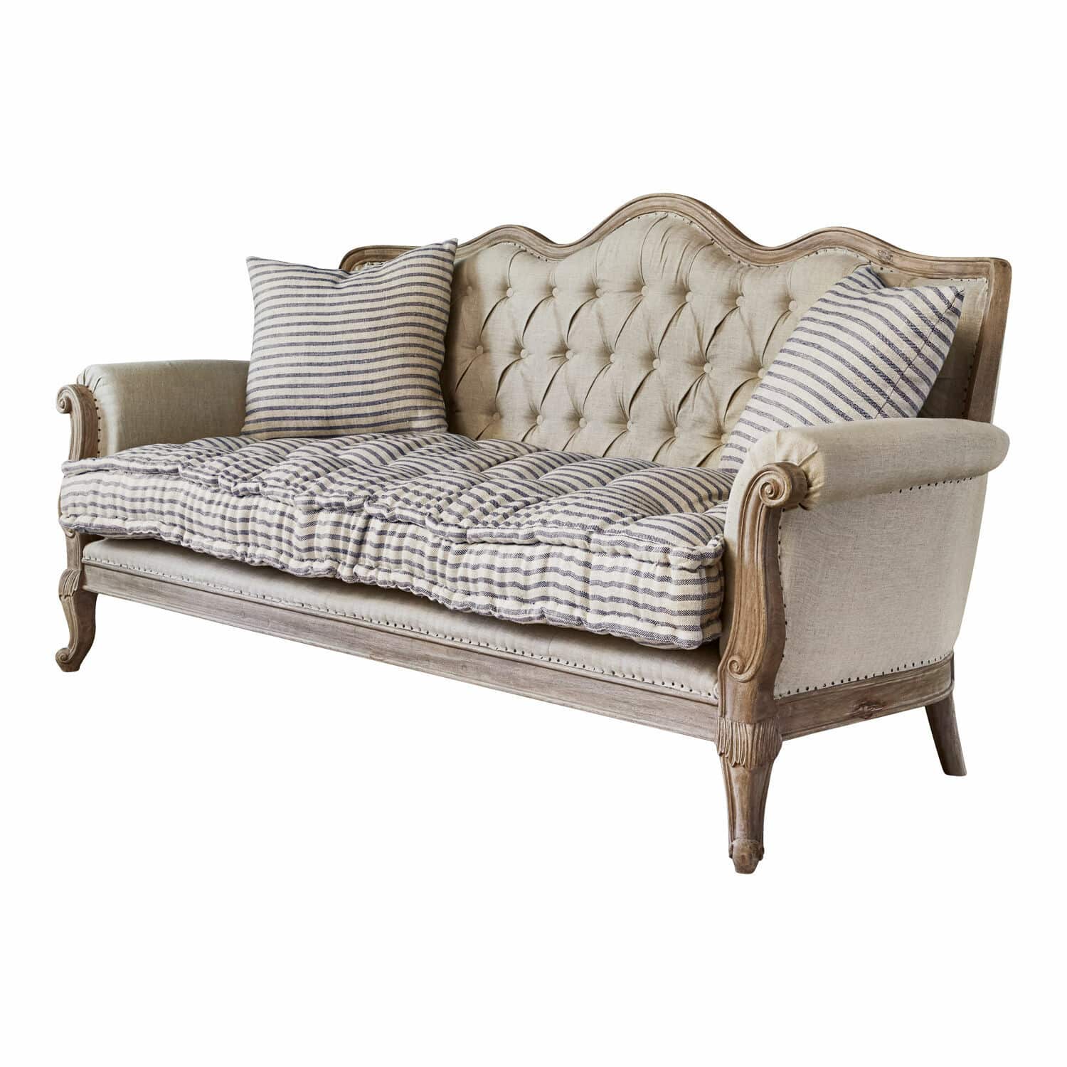 Canapé Malabon Canapé vintage en bois avec tissu beige et coussins rayés pour salon élégant