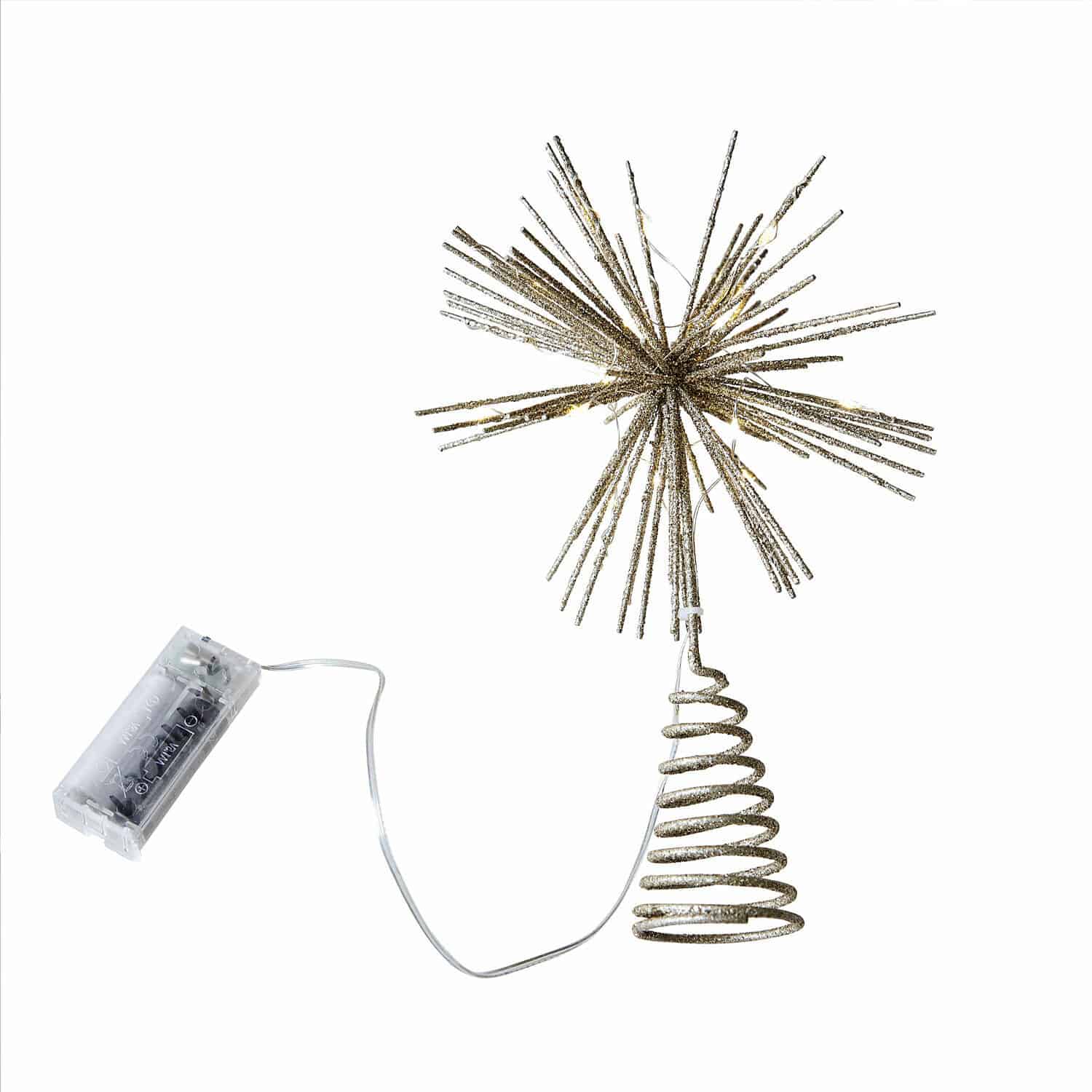 Décoration LED pour sapin Quérillane Décoration d'arbre de Noël dorée en fil métallique avec éclairage LED et boîtier à piles, ornement festif