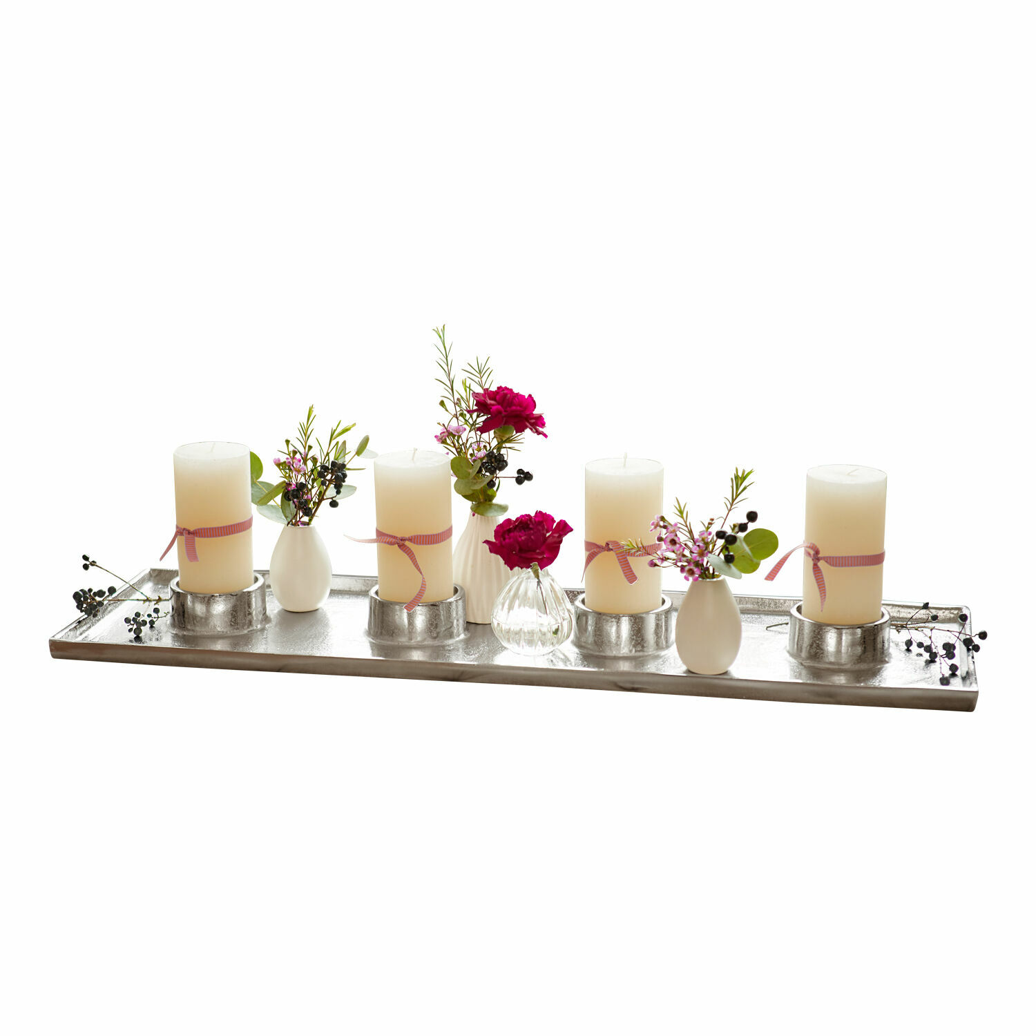 Bougeoir Mareuil Plateau en métal avec quatre bougies blanches et petits vases décoratifs avec fleurs