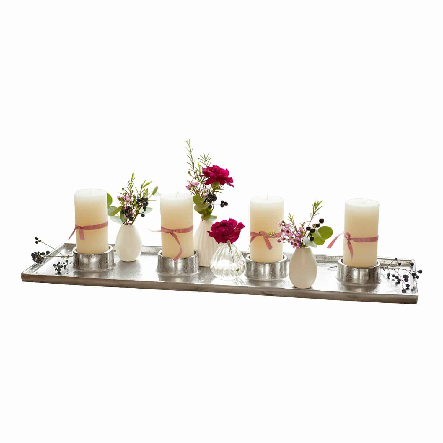 Bougeoir Mareuil Plateau en métal avec quatre bougies blanches et petits vases décoratifs avec fleurs