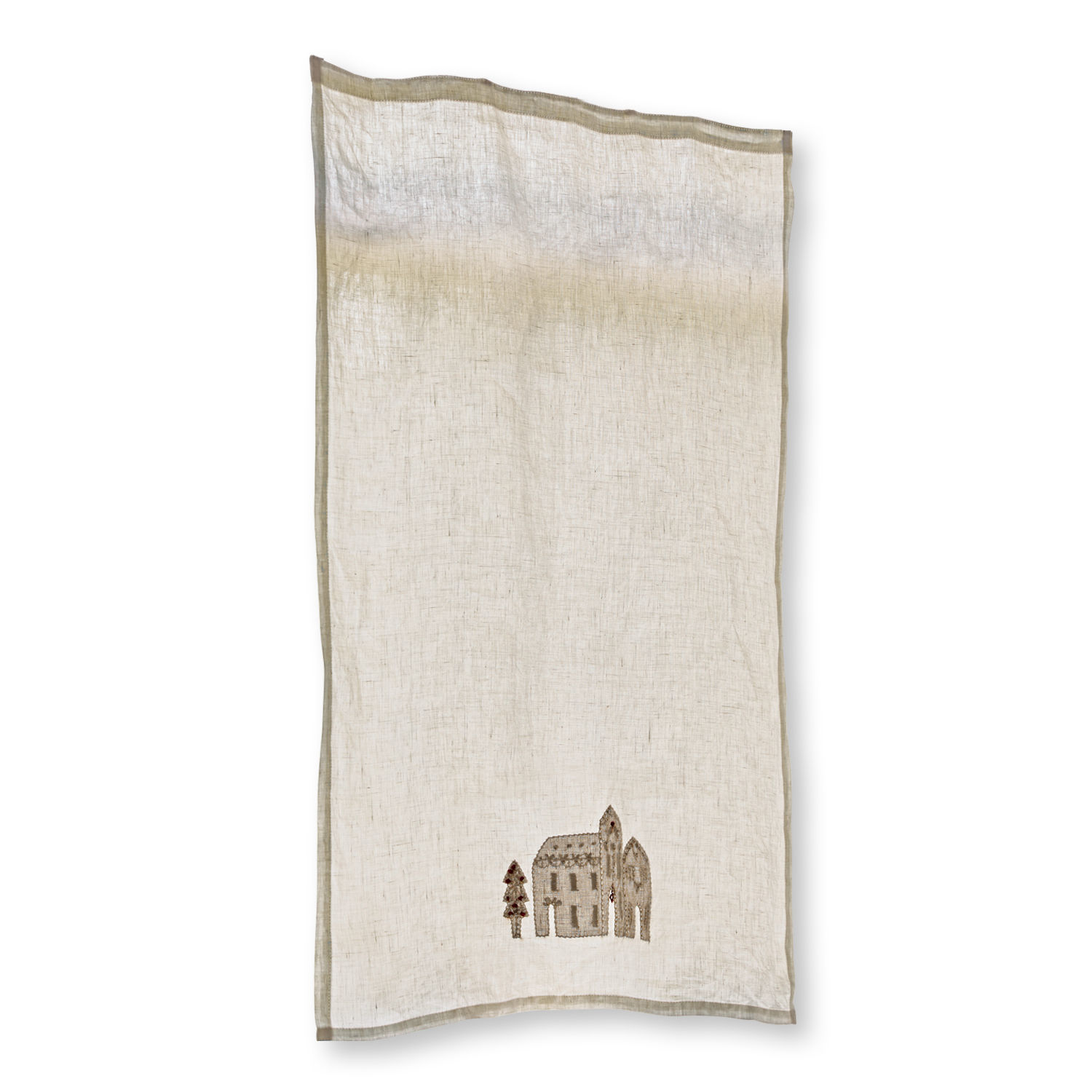 Brise-bise Marikina Nappe en lin beige avec broderie discrète de maison et arbre, décoration de table rustique