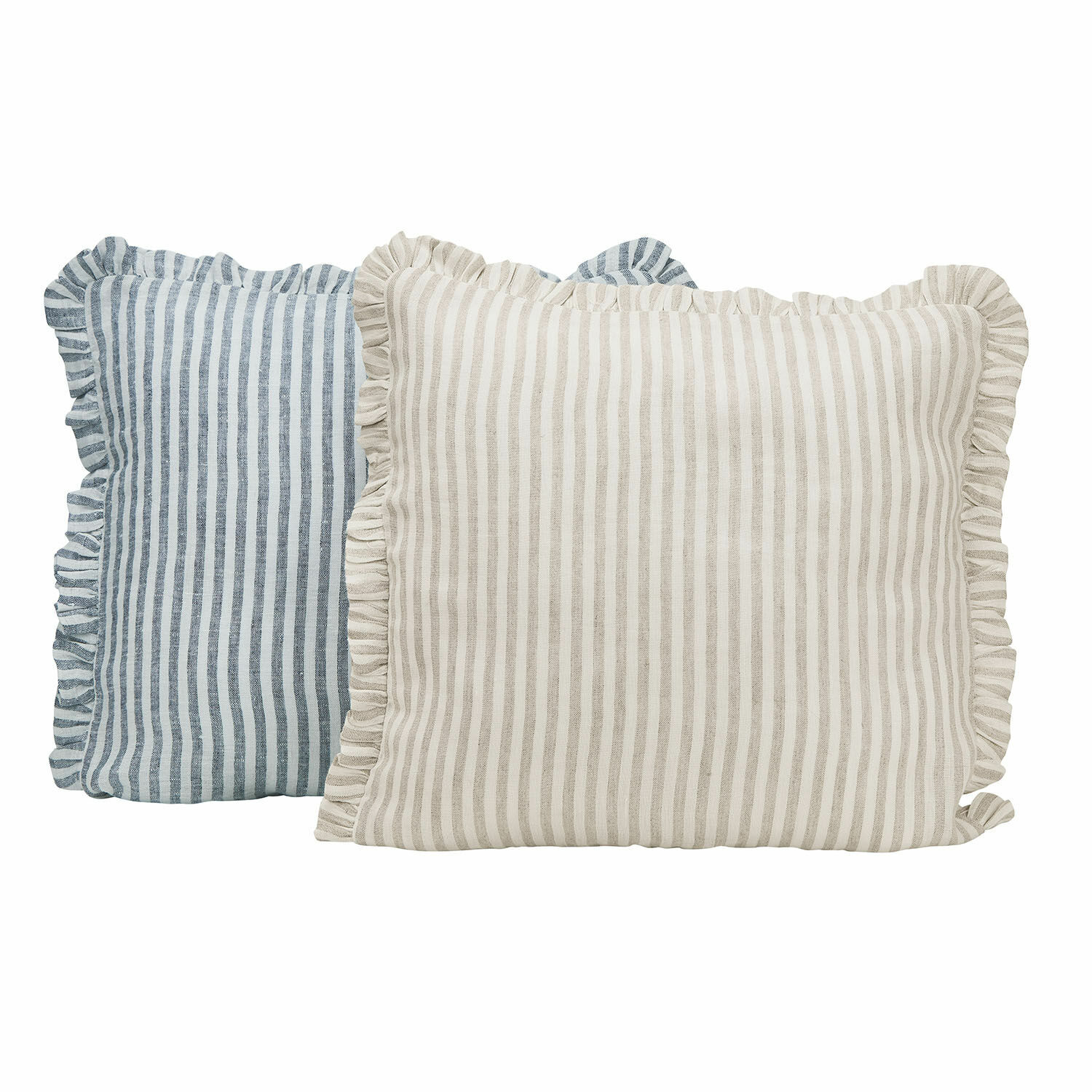 Lot de 2 housses de coussins Brenda Ensemble de deux coussins en lin rayés avec volant beige et bleu pour décoration intérieure élégante
