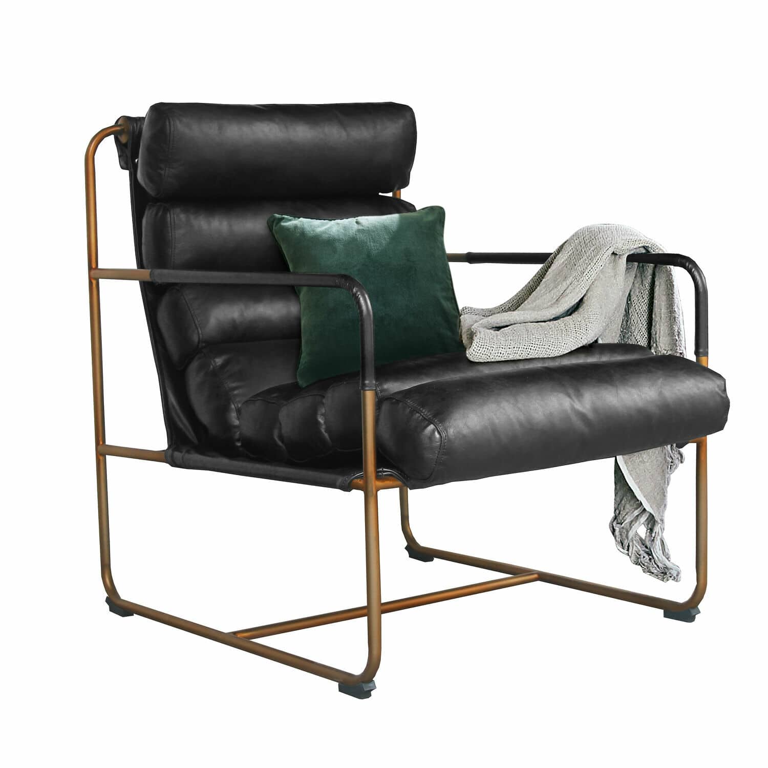 Fauteuil Jelvano Fauteuil noir en cuir souple avec structure métallique cuivrée, coussin vert et plaid gris