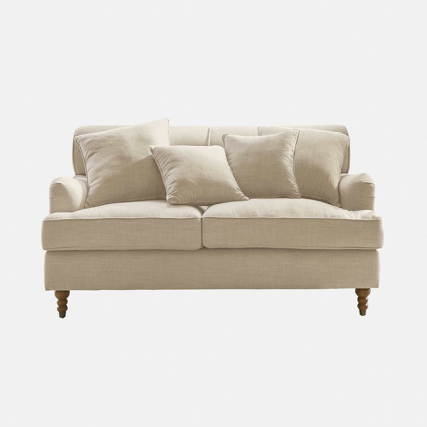 Canapé Isa en lin beige avec coussins et pieds en bois, meuble confortable pour salon