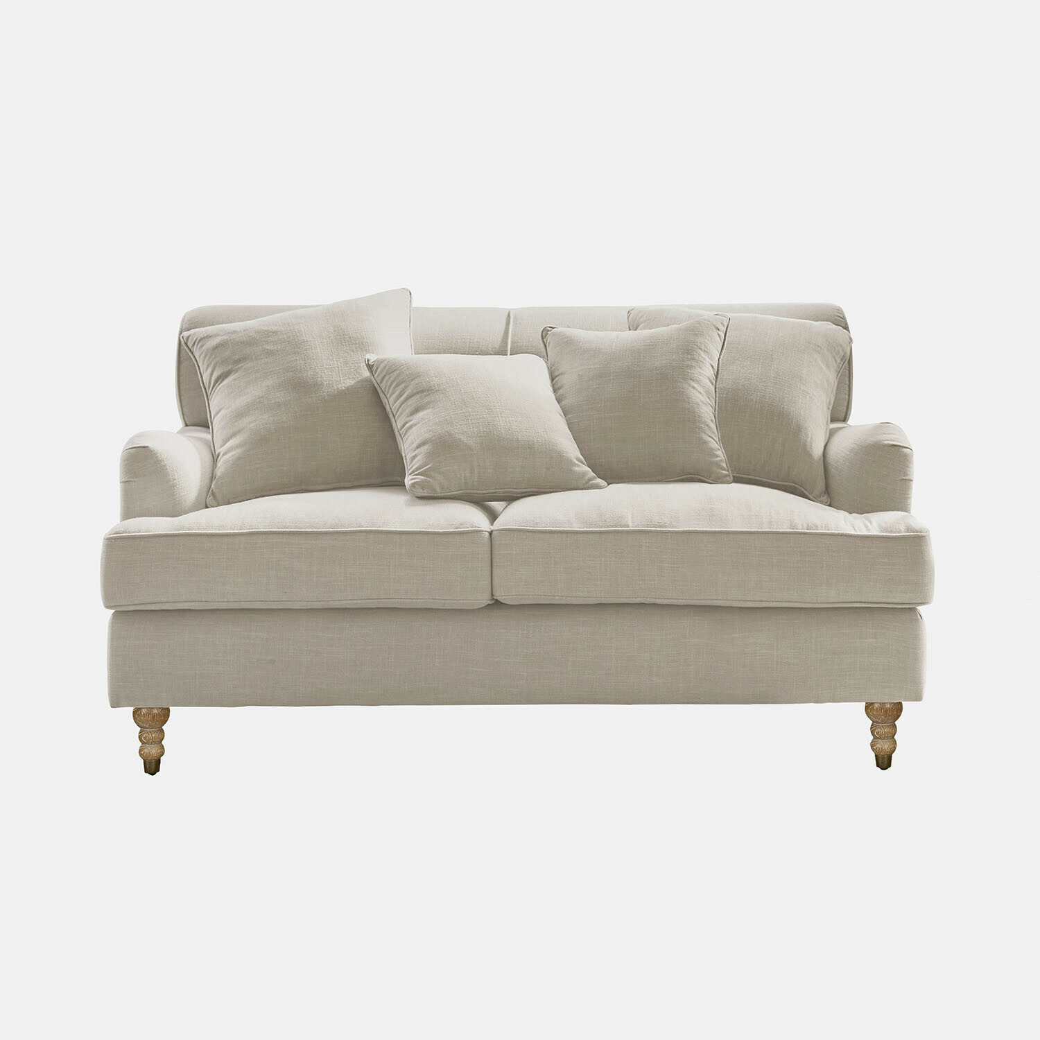 lin Canapé Isa en lin beige avec coussins et pieds en bois, meuble confortable pour salon