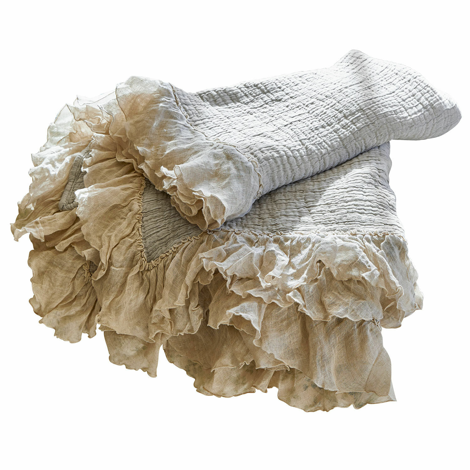 Courtepointe Lure Plaid beige en lin avec volants, doux et décoratif, parfait pour salon ou chambre