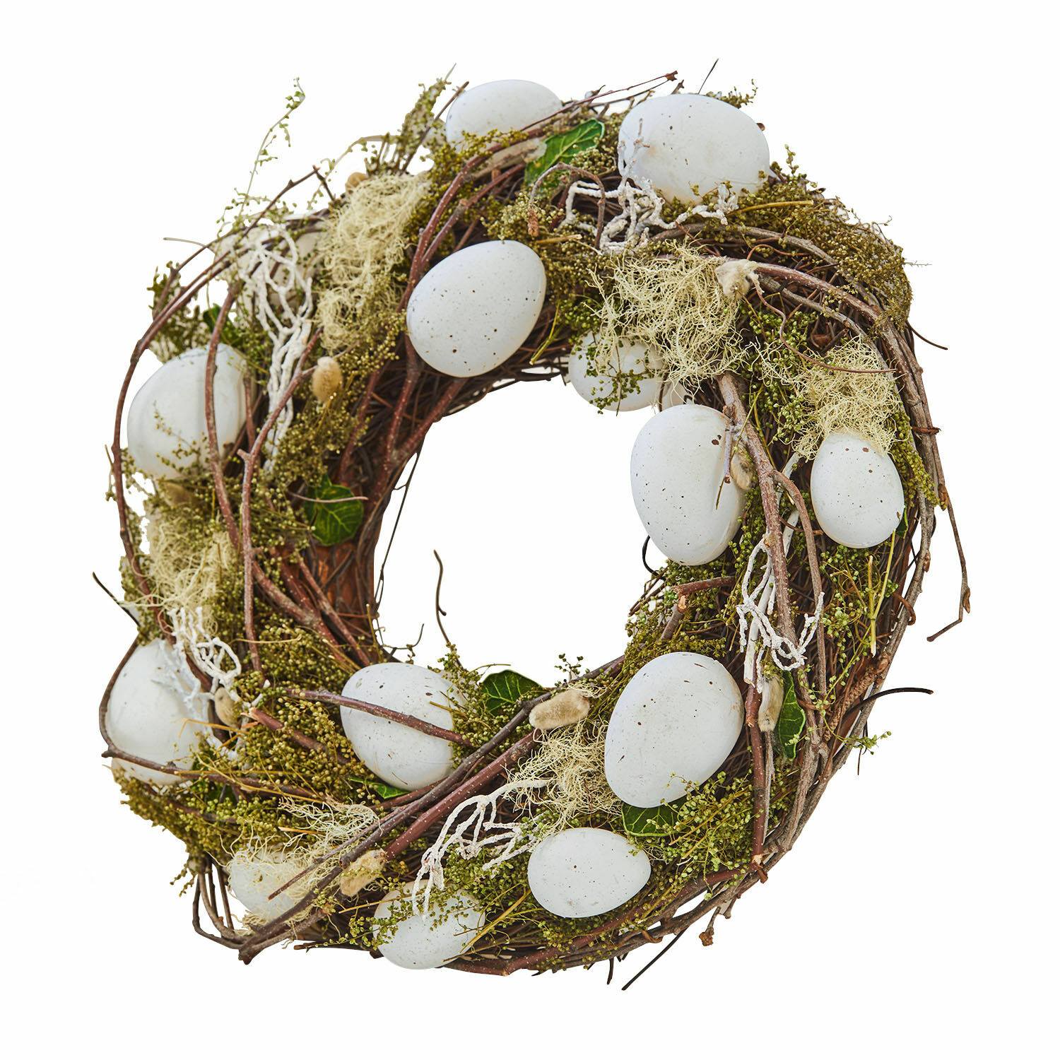 Couronne d'œufs Lune Couronne décorative en branches avec œufs blancs et feuillage vert pour décoration printanière