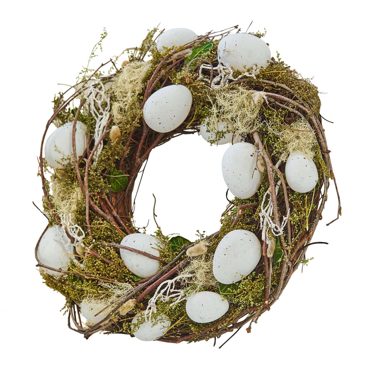 Couronne d'œufs Lune Couronne décorative en branches avec œufs blancs et feuillage vert pour décoration printanière
