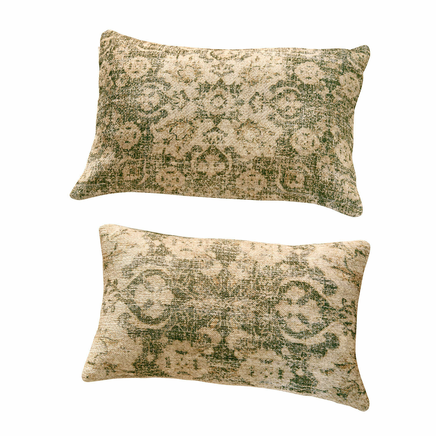 Lot de 2 housses de coussins Calperino Lot de deux coussins rectangulaires avec motif vert sur tissu beige, décoration textile pour salon