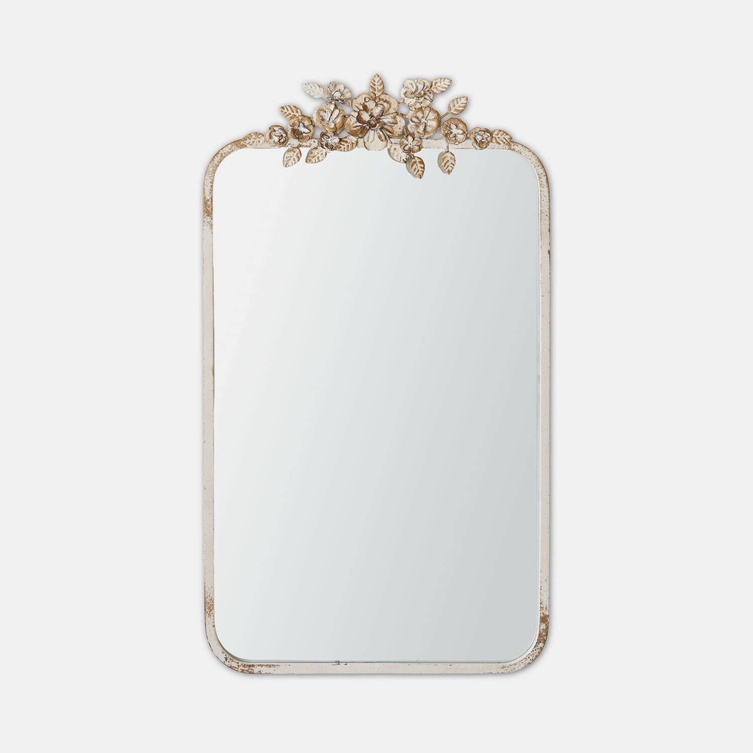 Miroir mural avec cadre blanc vieilli et décoration florale, style vintage pour salon