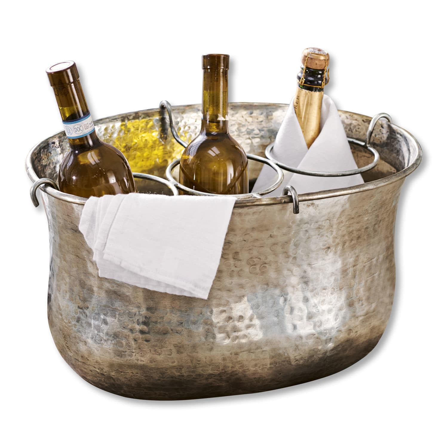 Seau à champagne Montgomery Seau à glace en cuivre martelé avec trois emplacements pour bouteilles et un linge blanc