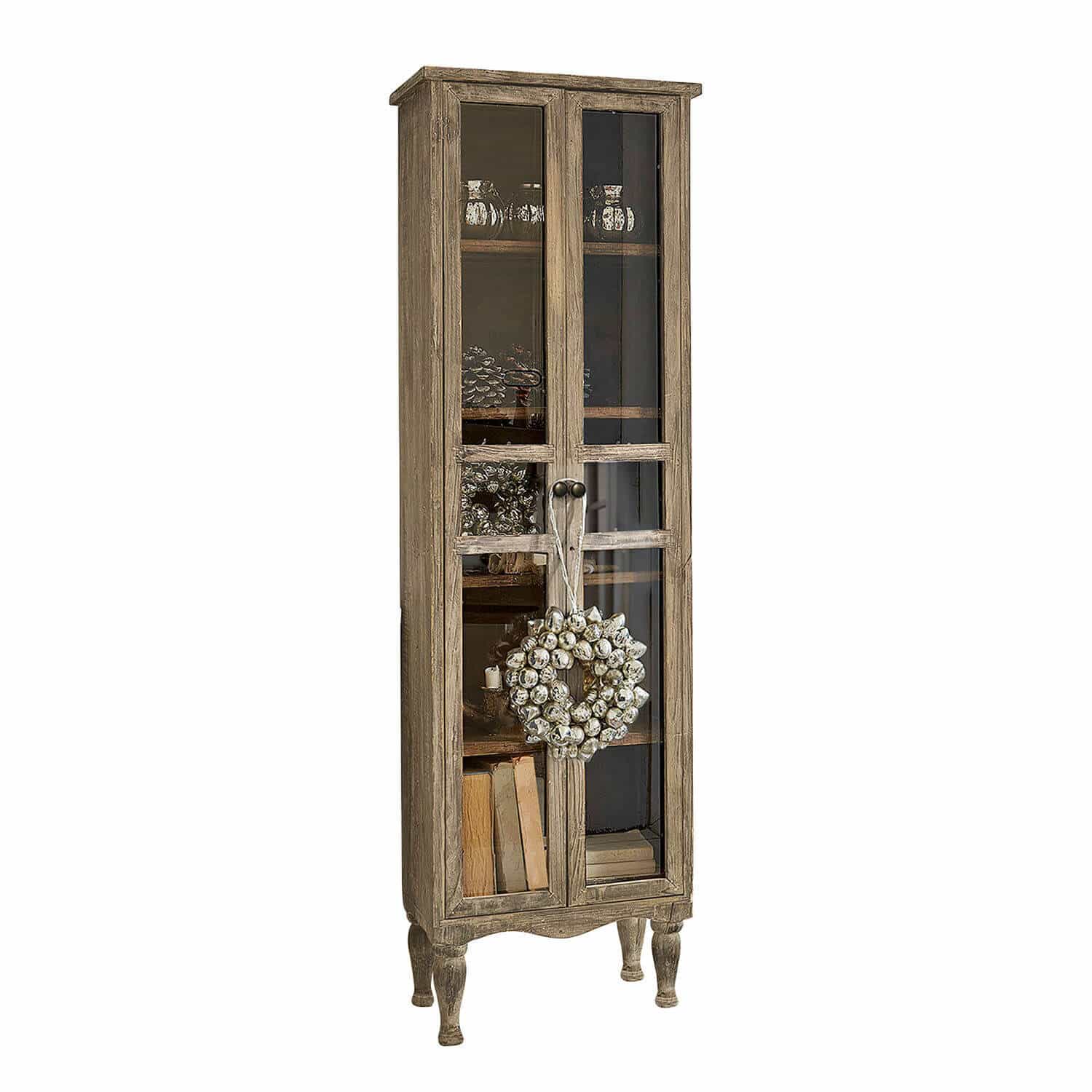 Vitrine Covent Garden Vitrine étroite en bois avec portes vitrées et couronne décorative, meuble de salon rustique