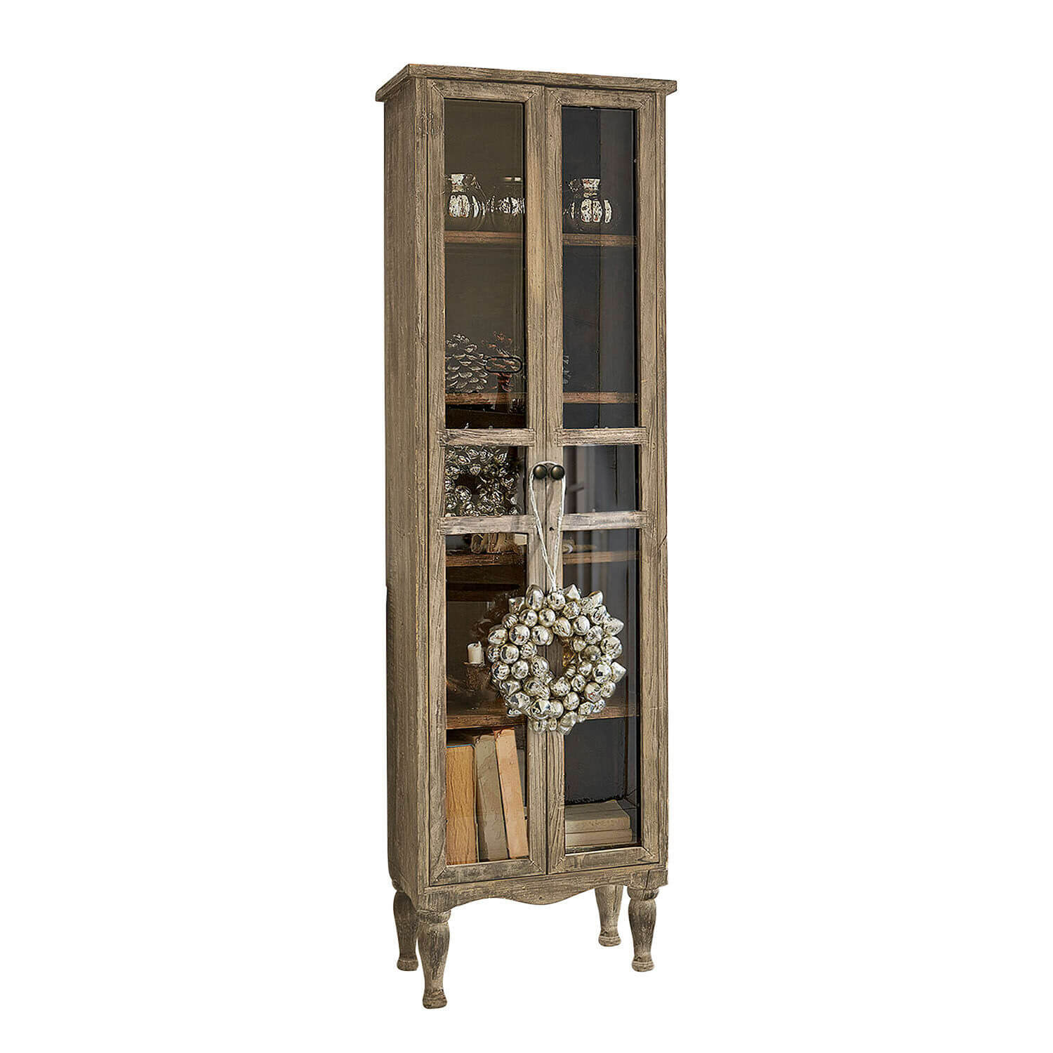 Vitrine Covent Garden Vitrine étroite en bois avec portes vitrées et couronne décorative, meuble de salon rustique