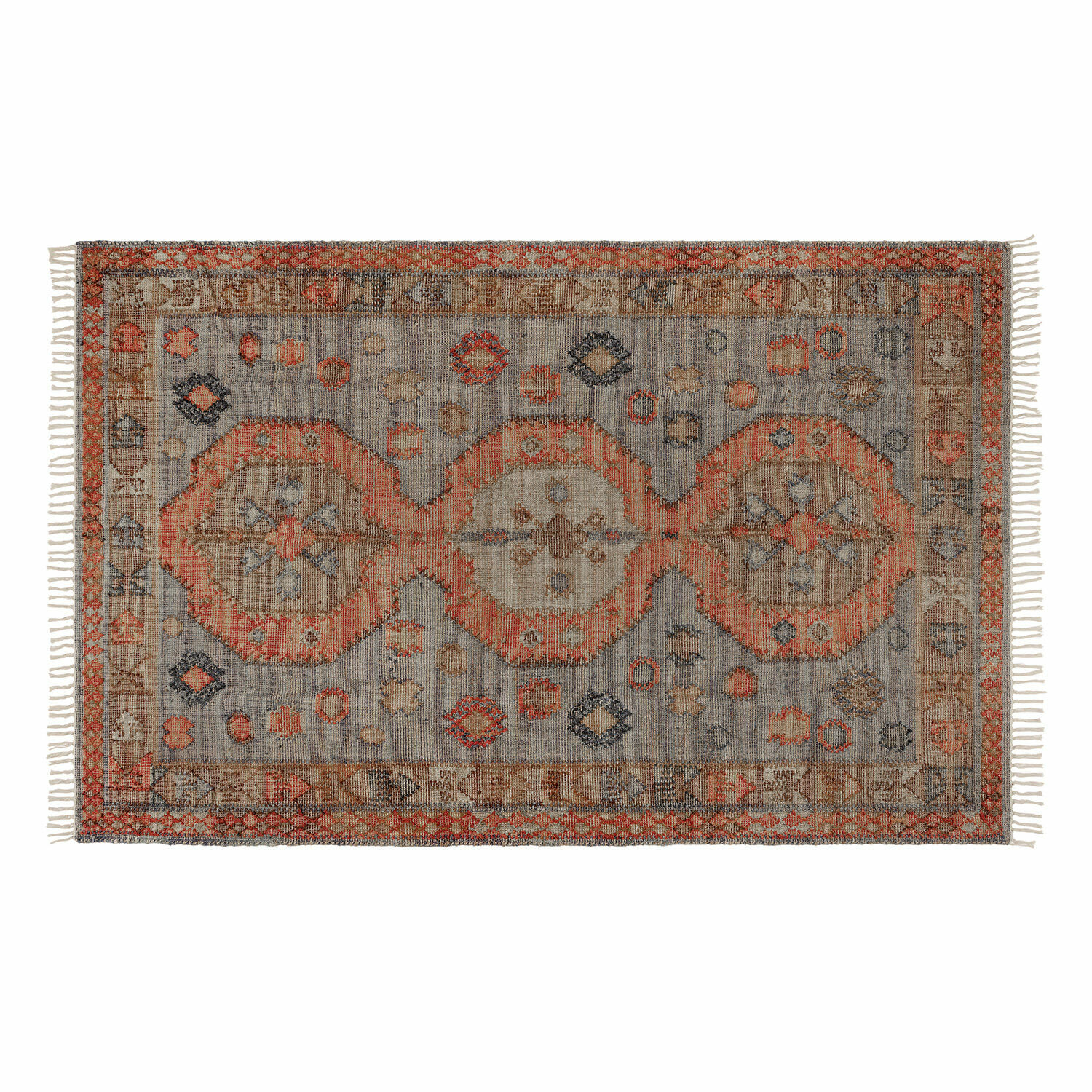 Tapis vintage gris et orange avec motifs géométriques et franges sur les côtés