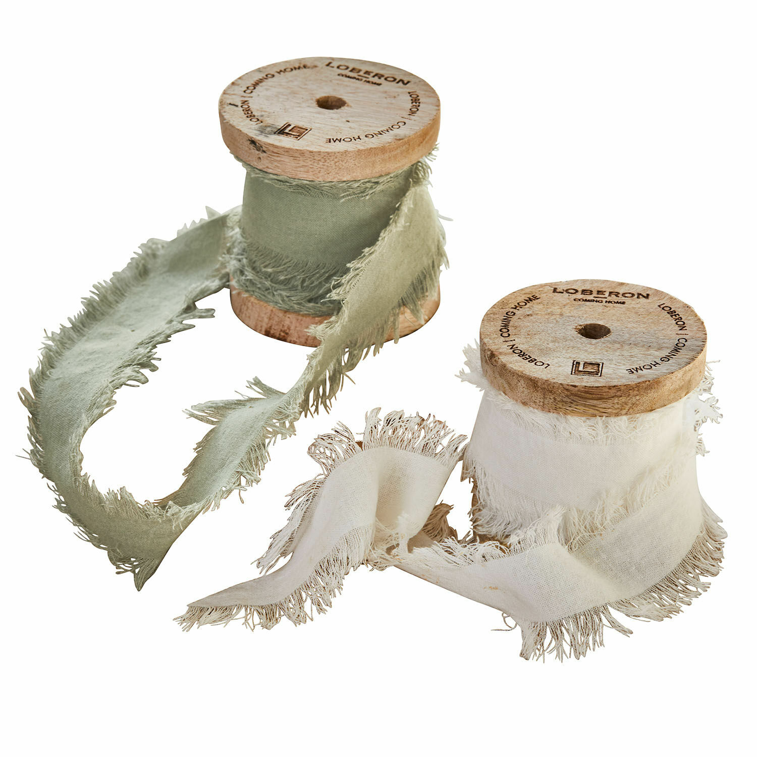 Lot de 2 rubans Valethor Deux bobines en bois avec ruban en coton vert et crème aux bords effilochés pour décoration