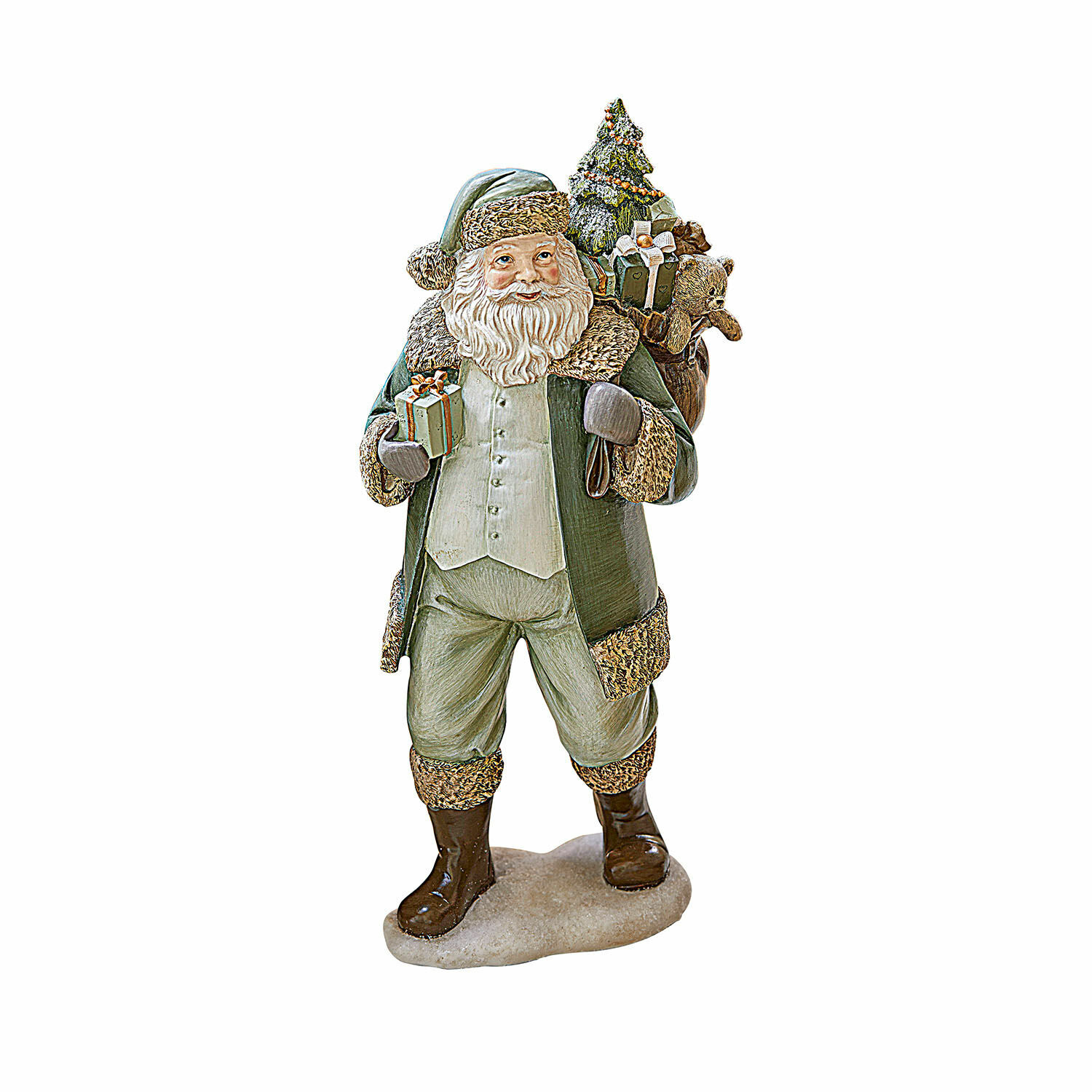 Père Noël décoratif Douilly Figurine du Père Noël en manteau vert avec cadeaux et ours en peluche sur le dos, décoration de Noël